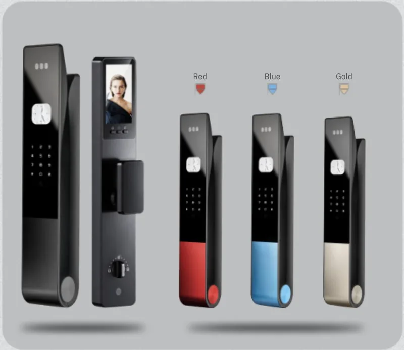 Edge Fusion AI digital smart door lock in red, blue and gold